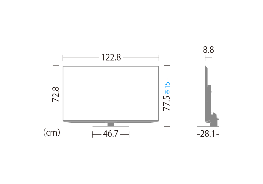4T-C55FN1:外形寸法、幅122.8cm×奥行28.1cm×高さ72.8cm