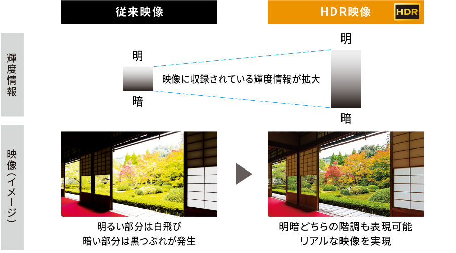 HDR映像は従来映像に比べ、映像に収録されている輝度情報が拡大。明暗どちらの階調も
表現可能で、リアルな映像を実現します