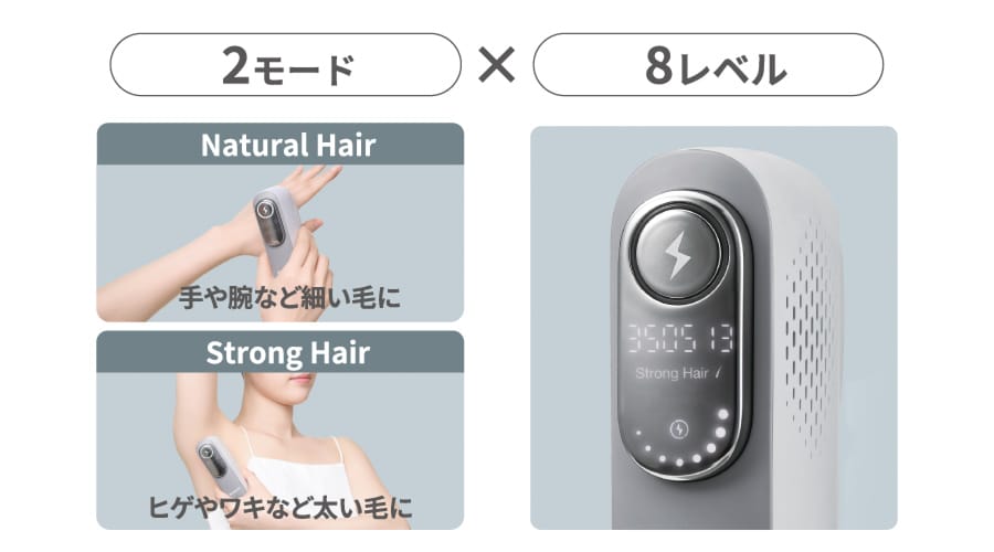 Strong Hairモード、Natural Hairモードの2モード×8レベル