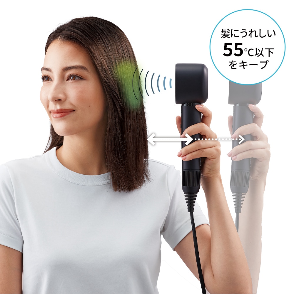センシング技術イメージ、髪とドライヤーの距離に応じて風の温度を55℃以下にキープします