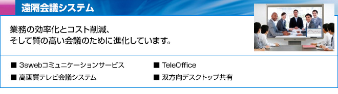 遠隔会議システム　業務の効率化とコスト削減、そして質の高い会議のために進化しています。　3swebコミュニケーションサービス、高画質テレビ会議システム、TeleOffice、双方向デスクトップ共有