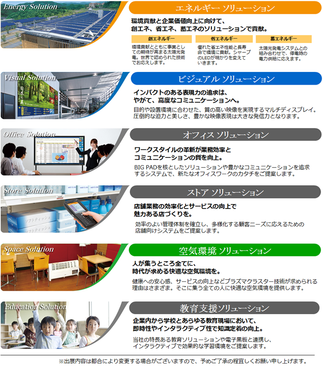 フェアの出展内容は、エネルギーソリューション、ビジュアルソリューション、オフィスソリューション、ストアソリューション、空気環境ソリューション、教育支援ソリューションの予定です。