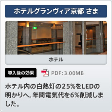 ホテルグランヴィア京都さま ホテル 導入後の効果 ホテル内の白熱灯の25%をLEDの明かりへ。年間電気代を6%削減しました。