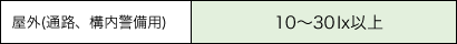 屋外（通路、構内警備用）：10～30lx以上