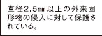 直径2.5mm以上の外来固形物の侵入に対して保護されている。