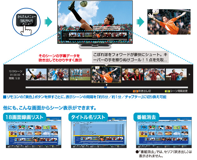 イメージ画像：録画番組の再生中に「（ポップアップ）メニュー」ボタンを押すだけで、番組内容を子画面表示！番組情報も表示されるので、番組内容がすぐにわかる。見たいシーンから、簡単に再生できる。 ■他にもこんな画面からシーン表示ができます。18画面録画リスト／タイトル名リスト／番組消去