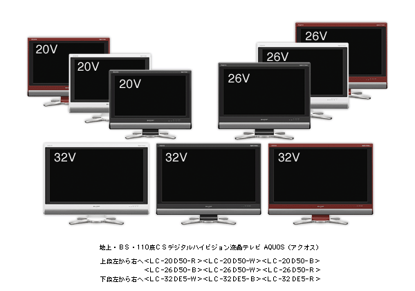 地上・ＢＳ・１１０度ＣＳデジタルハイビジョン液晶テレビ　ＡＱＵＯＳ (アクオス)　上段 左から右へ　＜ＬＣ－２０Ｄ５０－Ｒ＞＜ＬＣ－２０Ｄ５０－Ｗ＞＜ＬＣ－２０Ｄ５０－Ｂ＞＜ＬＣ－２６Ｄ５０－Ｂ＞＜ＬＣ－２６Ｄ５０－Ｗ＞＜ＬＣ－２６Ｄ５０－Ｒ＞　下段 左から右へ　＜ＬＣ－３２ＤＥ５－Ｗ＞＜ＬＣ－３２ＤＥ５－Ｂ＞＜ＬＣ－３２ＤＥ５－Ｒ＞