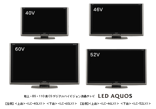 地上・ＢＳ・１１０度ＣＳデジタルハイビジョン液晶テレビ　LED AQUOS　【左側】[上段]＜LC-40LX1＞ [下段]＜LC-60LX1＞ 【右側】[上段]＜LC-46LX1＞ [下段]＜LC-52LX1＞