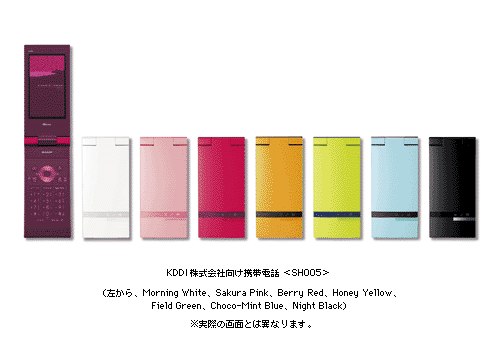 ＫＤＤＩ株式会社向け携帯電話　＜SH005＞　左から	Morning White、Sakura Pink、Berry Red、Honey Yellow、Field Green、Choco-Mint Blue、Night Black　※実際の画面とは異なります。