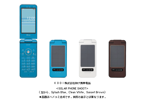 KDDI株式会社向け携帯電話　＜SOLAR PHONE SH007＞　(左から　Splash Blue、Clean White、Sunset Brown)●画面はハメコミ合成です。実際の表示とは異なります。