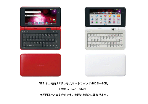 NTTドコモ向け「ドコモ スマートフォン LYNX SH-10B」 (左から　Red、White)●画面はハメコミ合成です。実際の表示とは異なります。