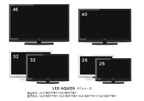 “LED AQUOS”V7シリーズ上 左から　＜LC-46V7-B＞ ＜LC-40V7-B＞下 左から　＜LC-32V7-W＞ ＜LC-32V7-B＞ ＜LC-26V7-W＞ ＜LC-26V7-B＞