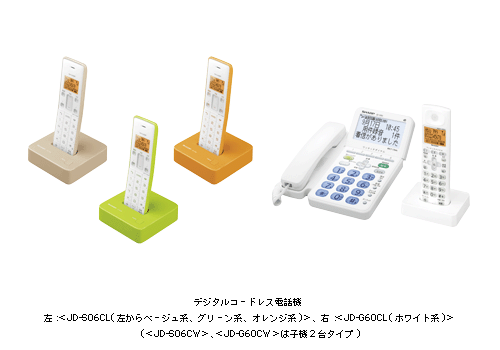 デジタルコードレス電話機 左：＜JD-S06CL(左からベージュ系、グリーン系、オレンジ系)＞、
右：＜JD-G60CL(ホワイト系)＞ (＜JD-S06CW＞、＜JD-G60CW＞は子機2台タイプ)