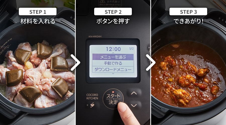 ステップ1：材料を入れる、ステップ2：ボタンを押す、ステップ3：できあがり