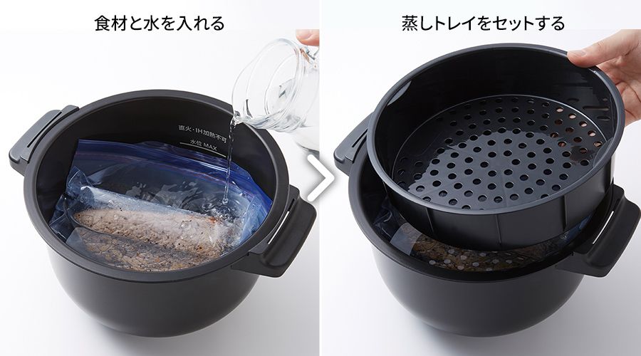 食材と水を入れ、蒸しトレイをセットする