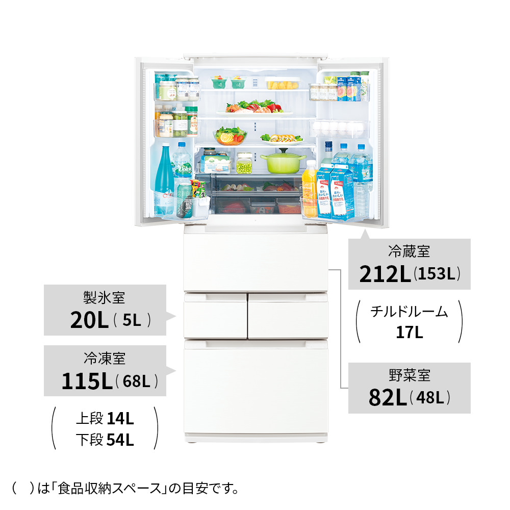 冷蔵庫:SJ-MF43M:定格内容積、冷蔵室212L、冷凍室115L、野菜室82L、製氷室20L