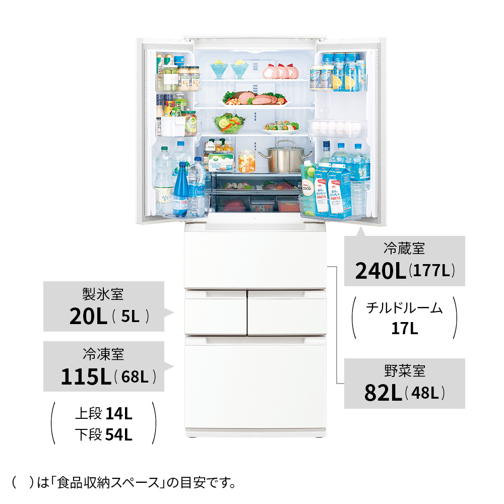 冷蔵庫:SJ-MF46M:定格内容積、冷蔵室240L、冷凍室115L、野菜室82L、製氷室20L
