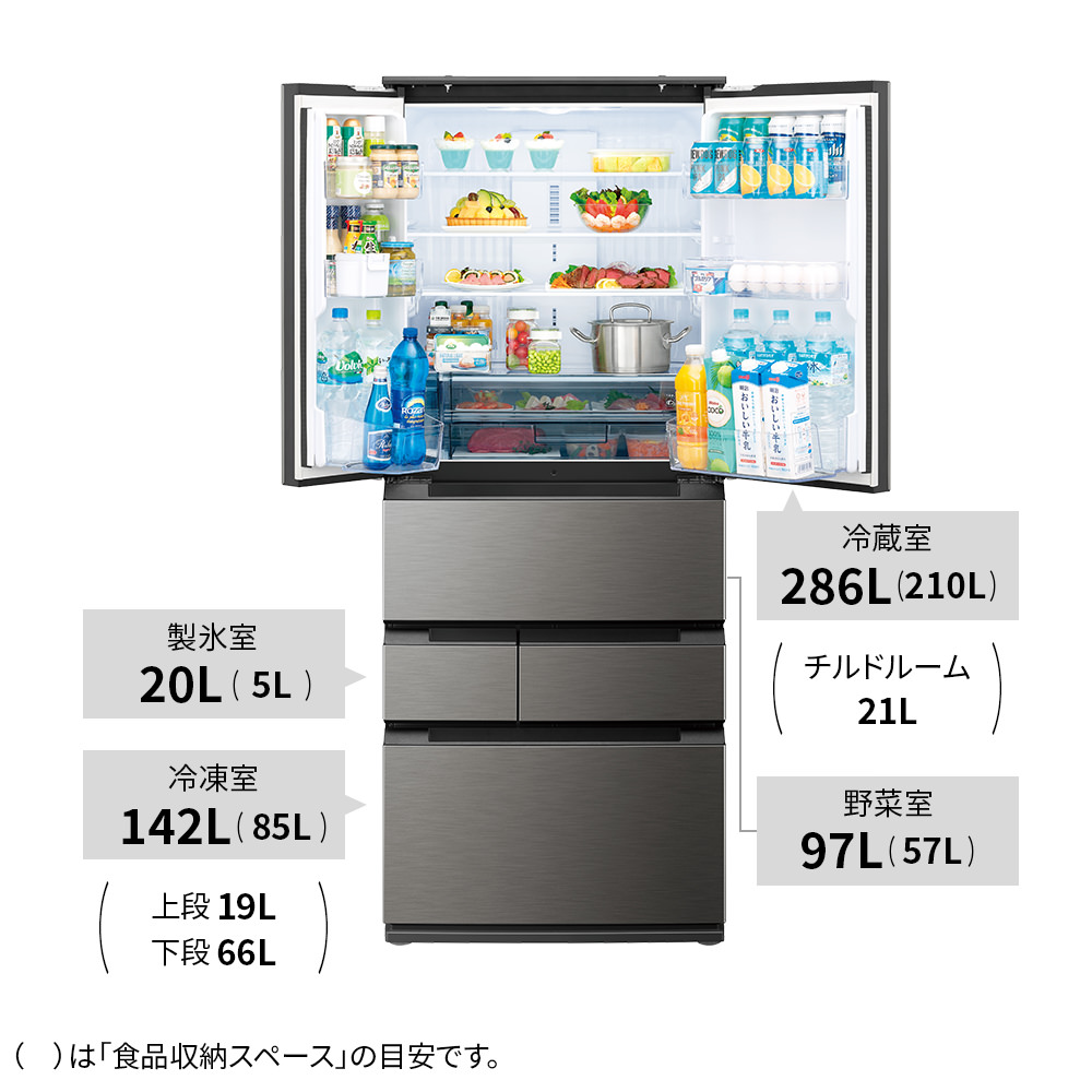 冷蔵庫:SJ-MF55M:定格内容積、冷蔵室286L、冷凍室142L、野菜室97L、製氷室20L