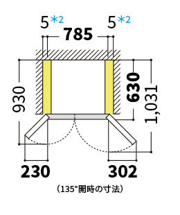 冷蔵庫の天面図（135°開時の寸法）
