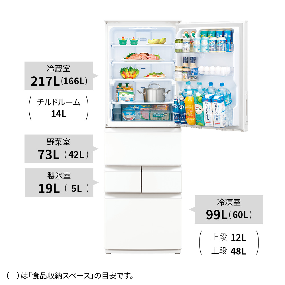冷蔵庫:SJ-P410M:定格内容積、冷蔵室217L、冷凍室99L、野菜室73L、製氷室19L