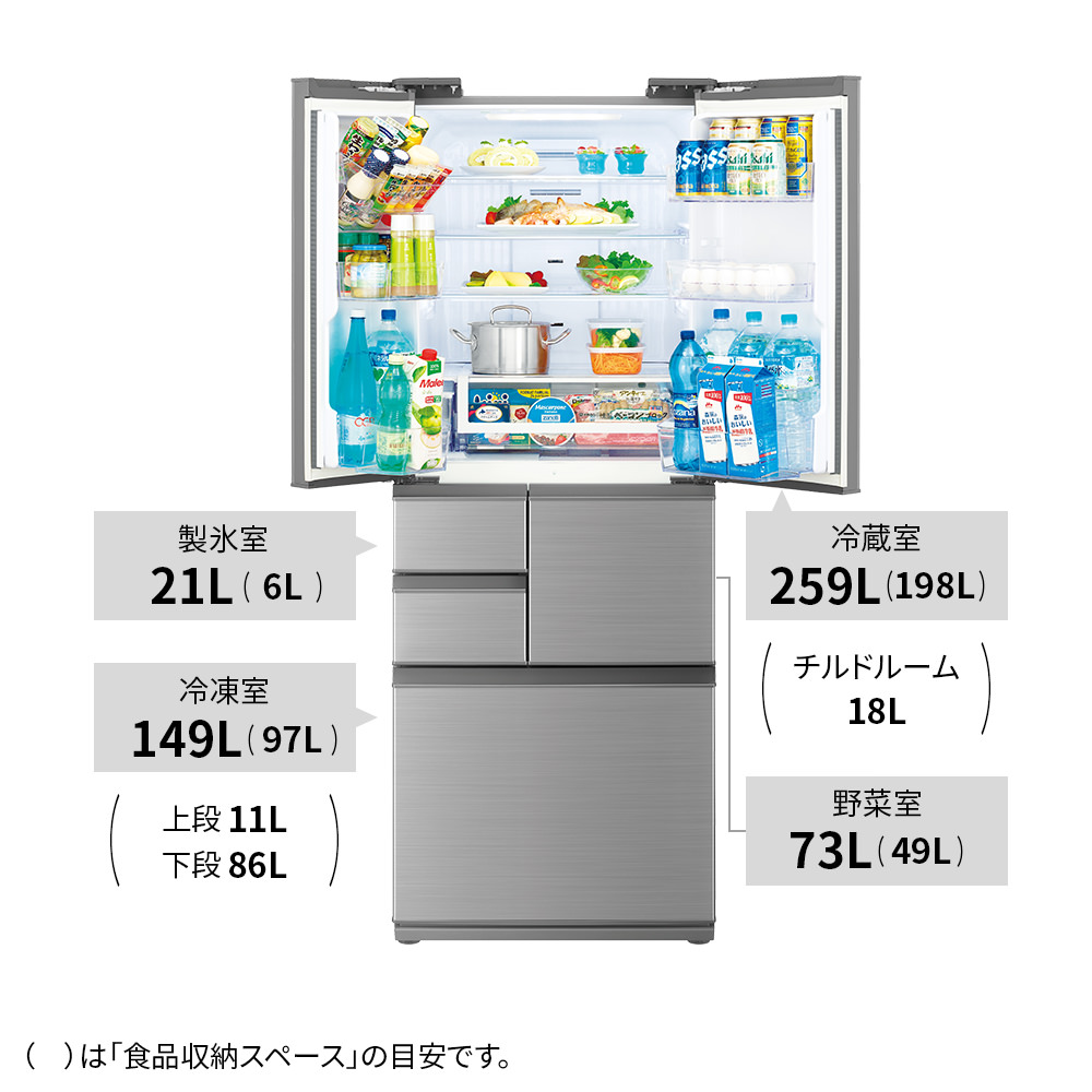 冷蔵庫:SJ-X500M-S:定格内容積、冷蔵室259L、冷凍室149L、野菜室73L、製氷室21L