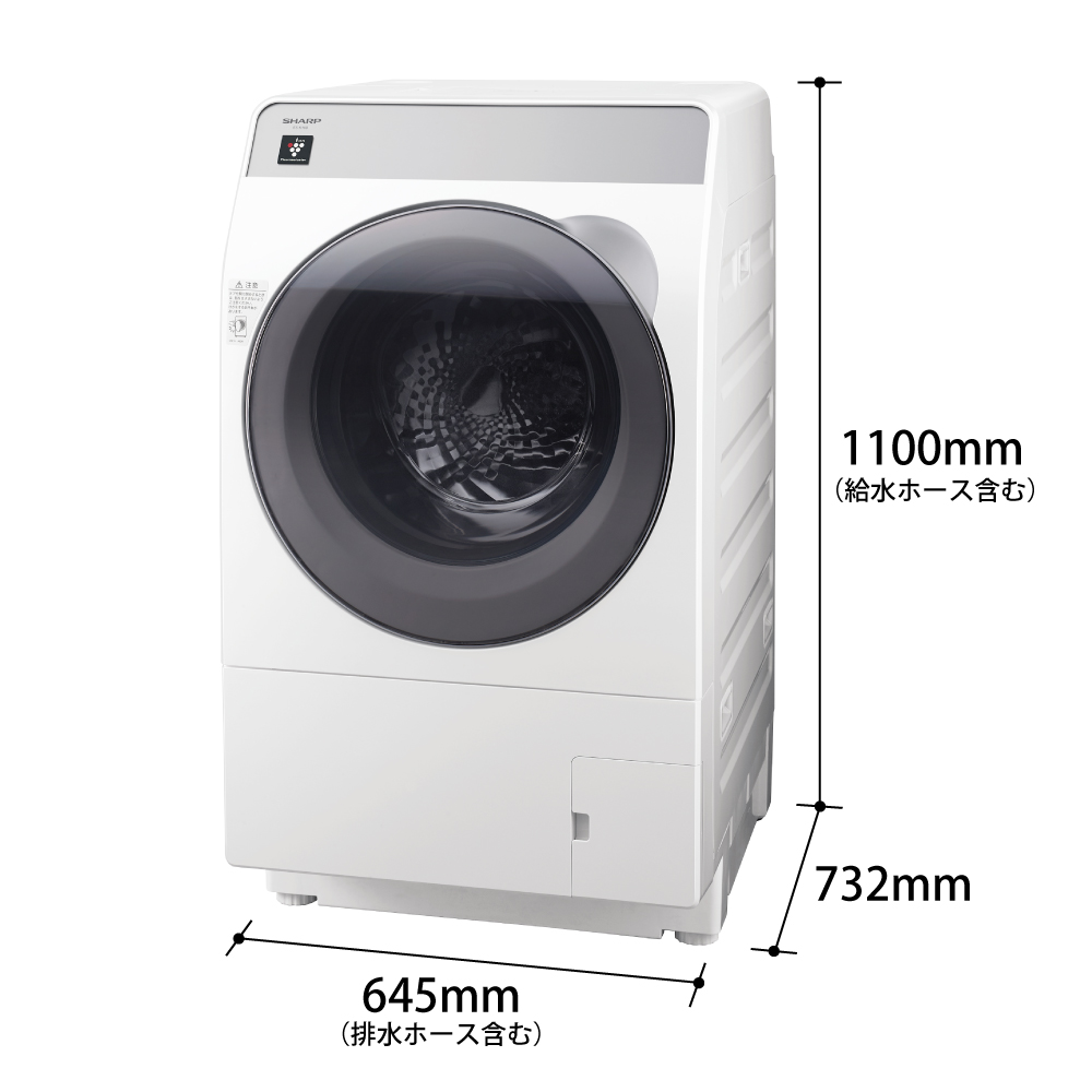 ドラム式洗濯乾燥機:ES-K10B-WL:外形寸法。幅640mm（排水ホース含む）×高さ1114mm（給水ホース含む）×奥行729mm