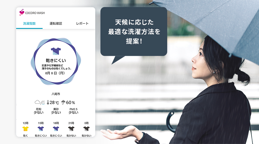 天候に応じた最適な洗濯方法を提案している画面
