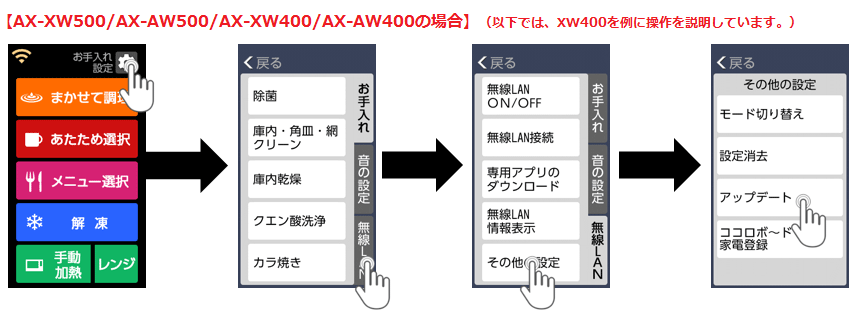 AX-XW500/AX-AW500/AX-XW400/AX-AW400の場合（操作例はAX-XW400）。「お手入れ・設定」→「無線LAN」→「その他の設定」→「アップデート」
