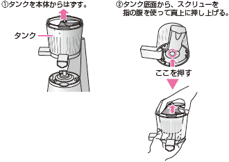 【スクリューがはずれにくいときは…】①タンクを本体からはずす。②タンク底面から、スクリューを指の腹を使って真上に押し上げる。
